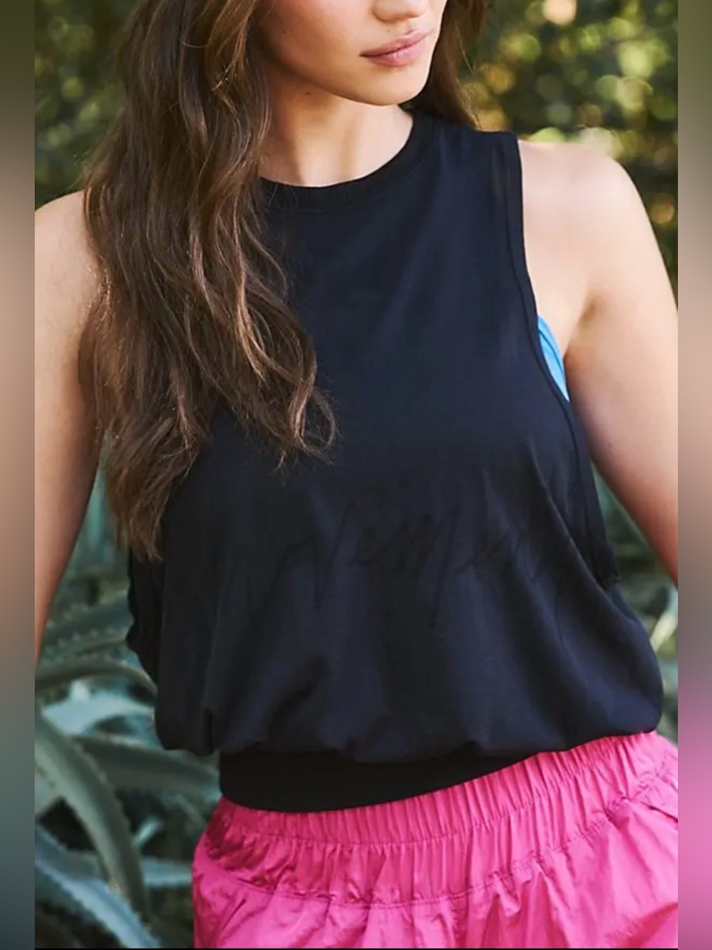 FP Movement by Free People Black Muscle Tee with Blue Bra Peek